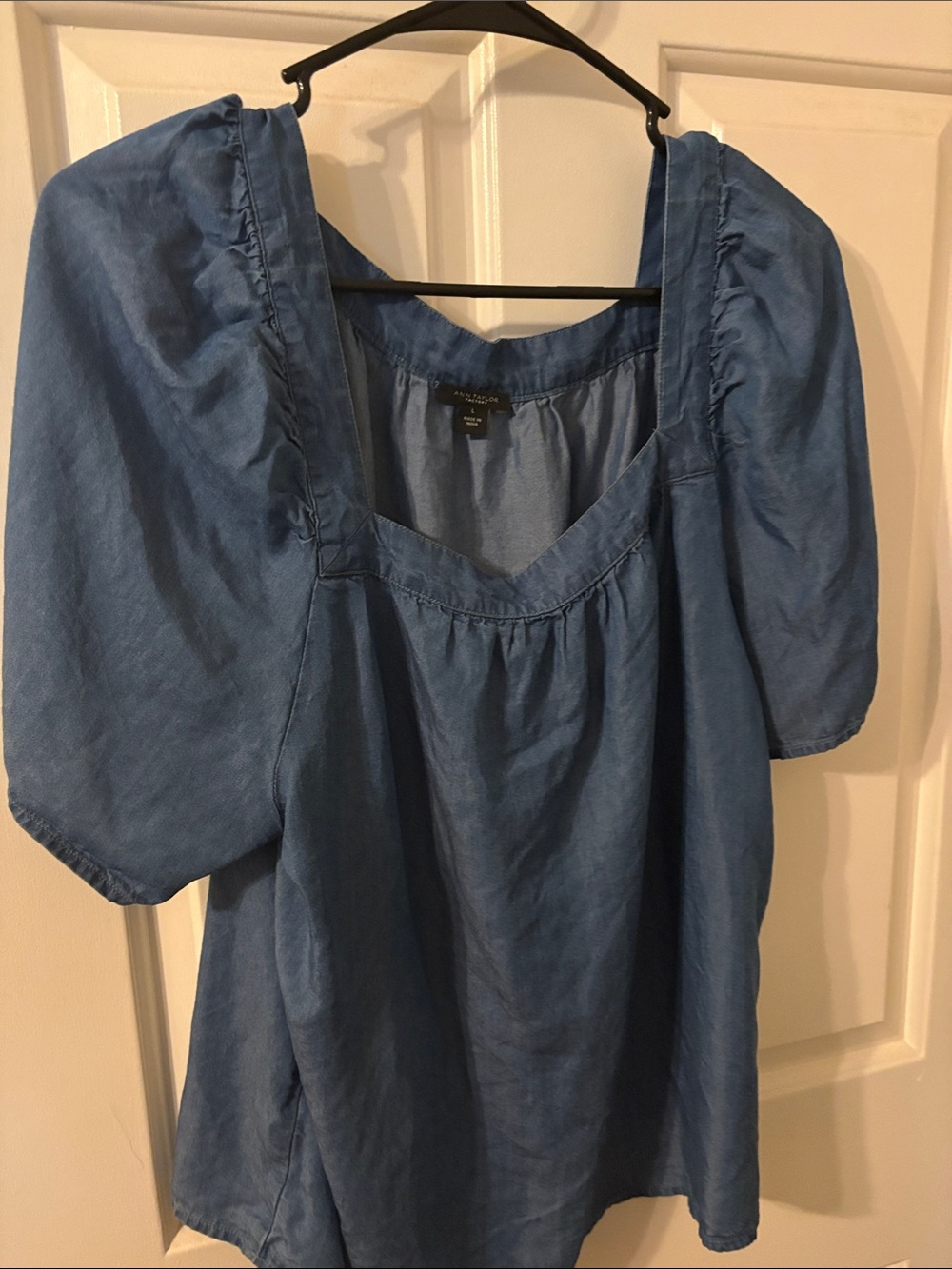 Ann Taylor Factory Blue Puff Sleeve Square Neck Top